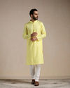 alt message - Manyavar Men Crayola Yellow Self Patterned Kurta Set image number 1